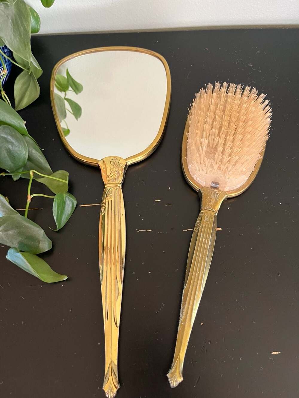 Matson Vintage Gold Tone Filigree Hand Mirror and Hair Brush Vanity Set